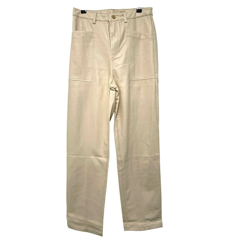 Lost + Wander Cream Brunch Affair Straight Leg Faux Leather Pants M